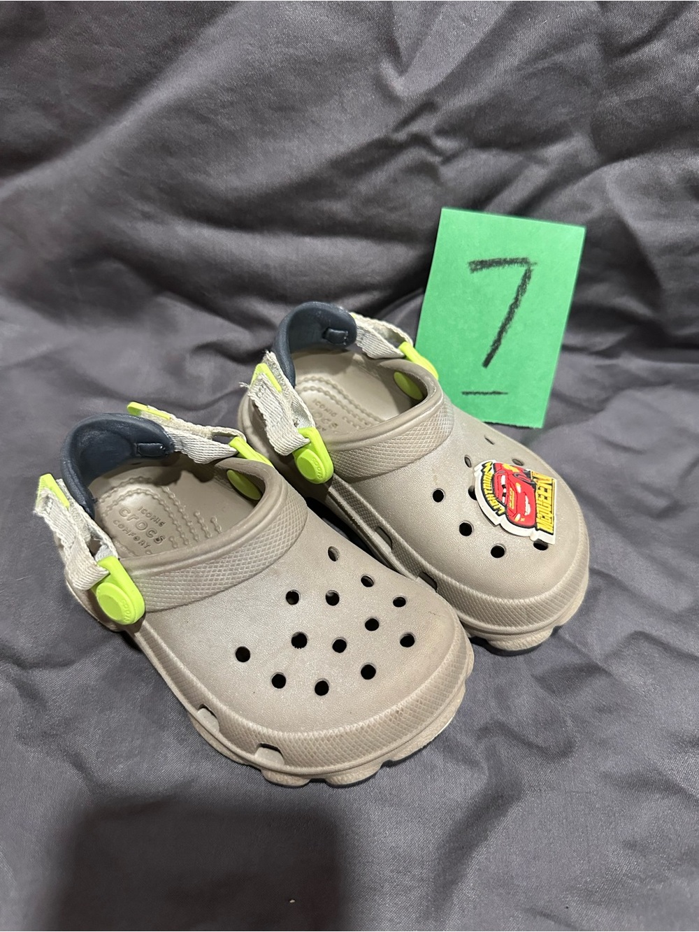 CROCS Kids Beige Clogs with Neon Yellow-Green Accents and Car Charm